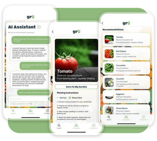 The image displays a mobile app interface featuring an AI assistant, detailed information about tomato cultivation, and gardening recommendations for various vegetables like cucumber, zucchini, and eggplant.