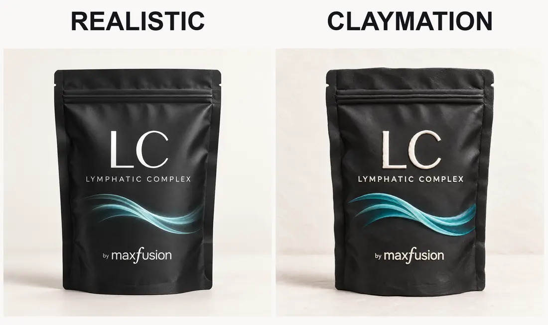 The LC product as the real pack shot and as the clay replica, side by side