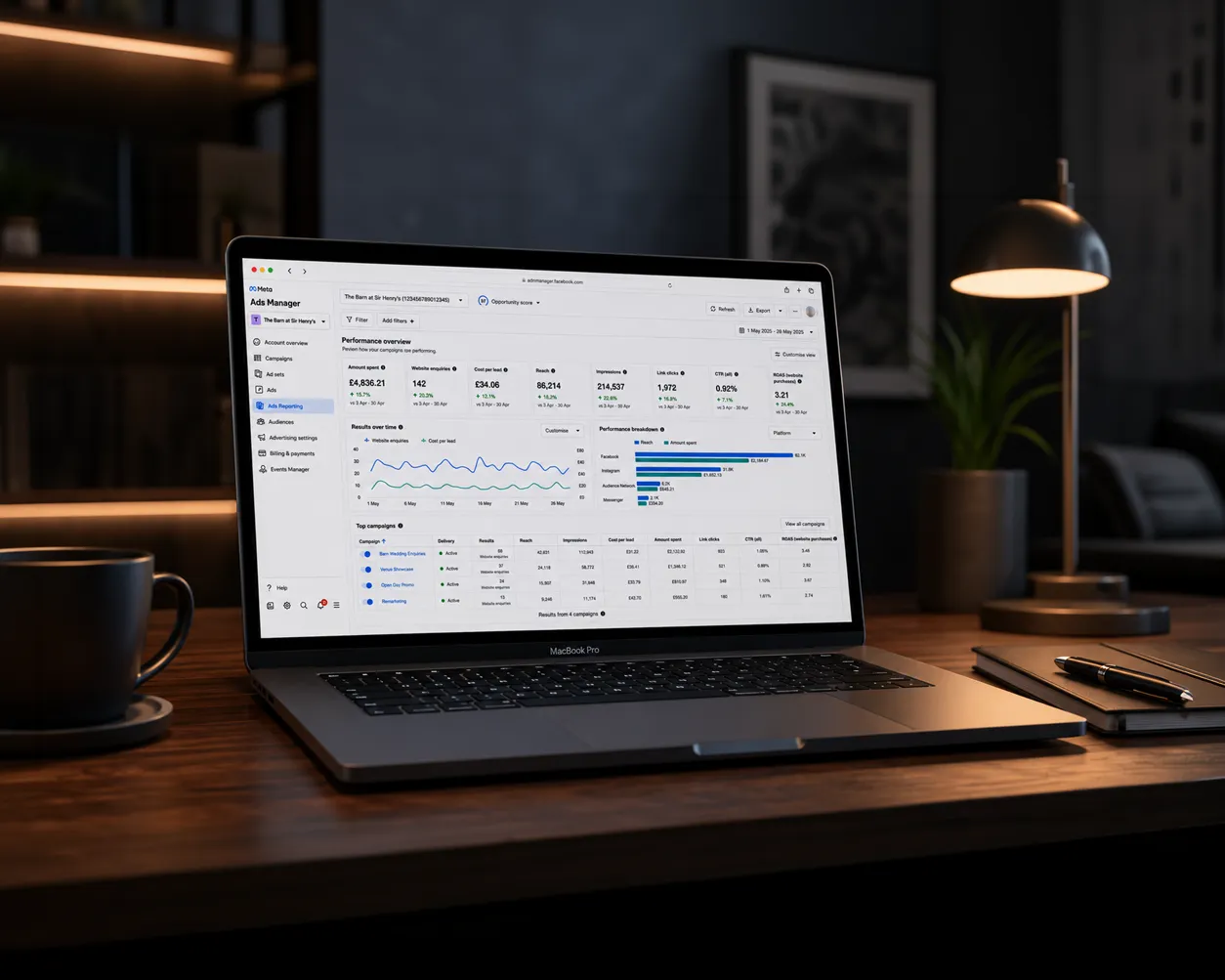 Laptop showing Meta Ads Manager dashboard