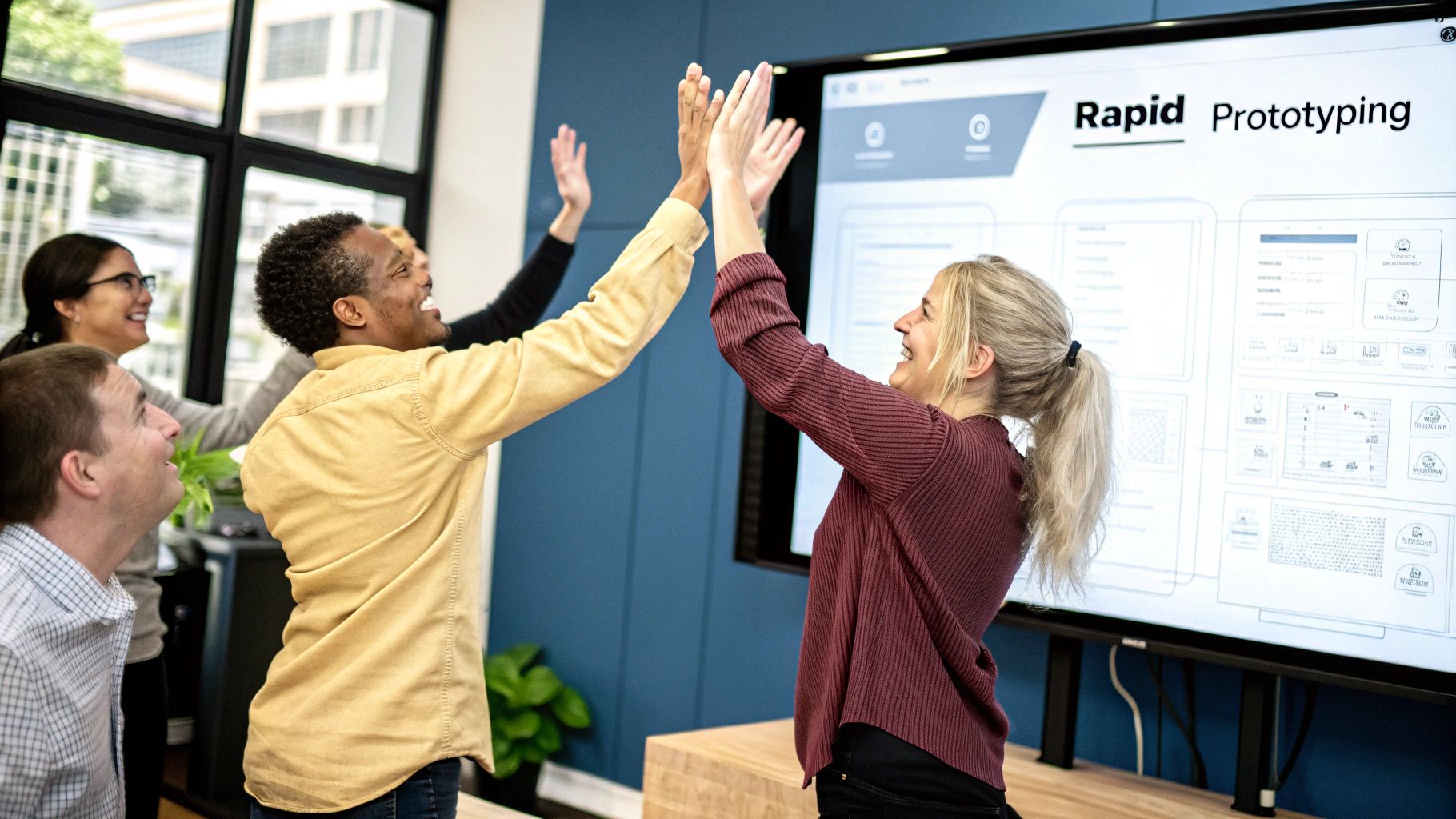 A person sketching a user interface blueprint on a whiteboard, illustrating the planning phase of app development.