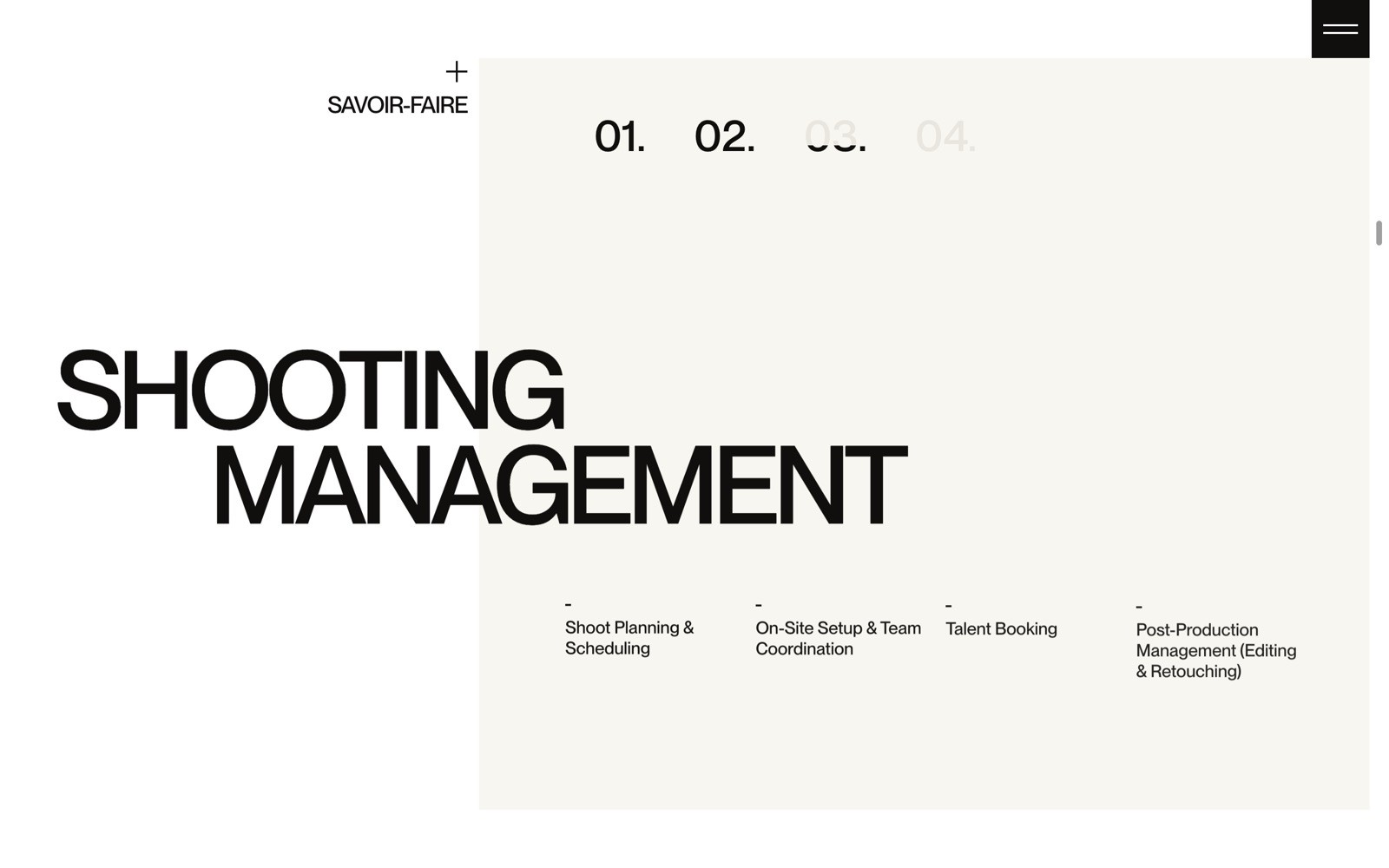 Shooting Management text in large black font with details on planning, setup, talent booking, and post-production below.
