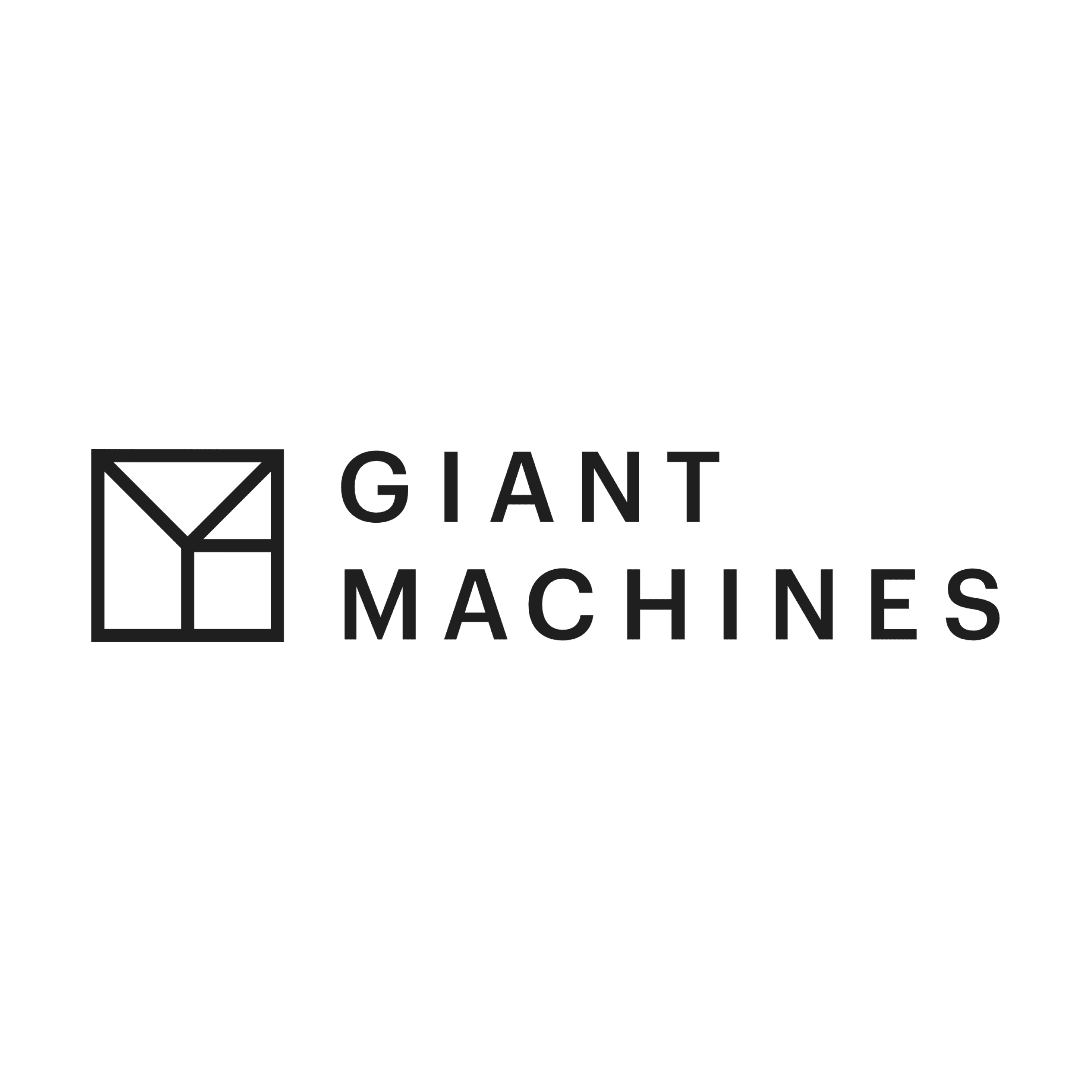 Logo for "Giant Machines" featuring stylized text and geometric shape in a minimal design.
