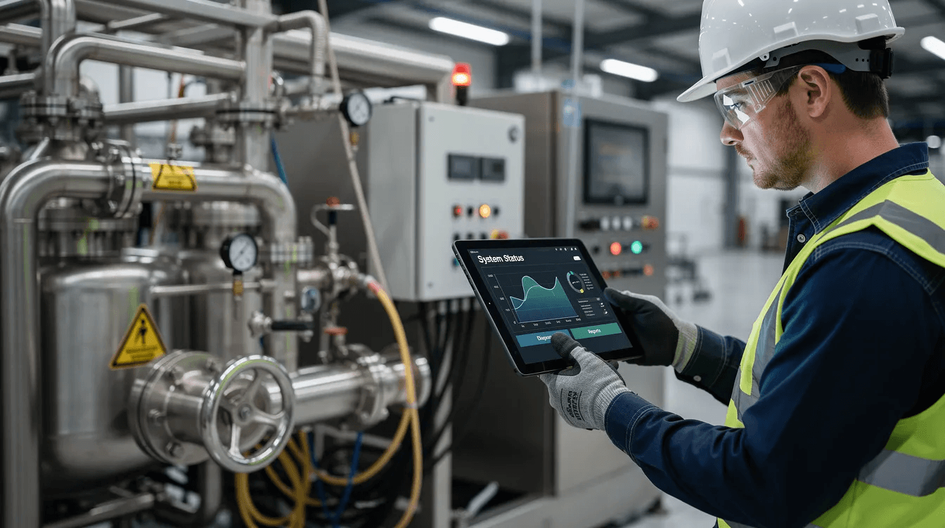 A maintenance engineer is using a tablet to monitor industrial equipment, enabling real-time data transmission for enhanced operational efficiency. This setup illustrates the integration of IoT devices for remote monitoring and proactive management of equipment performance.
