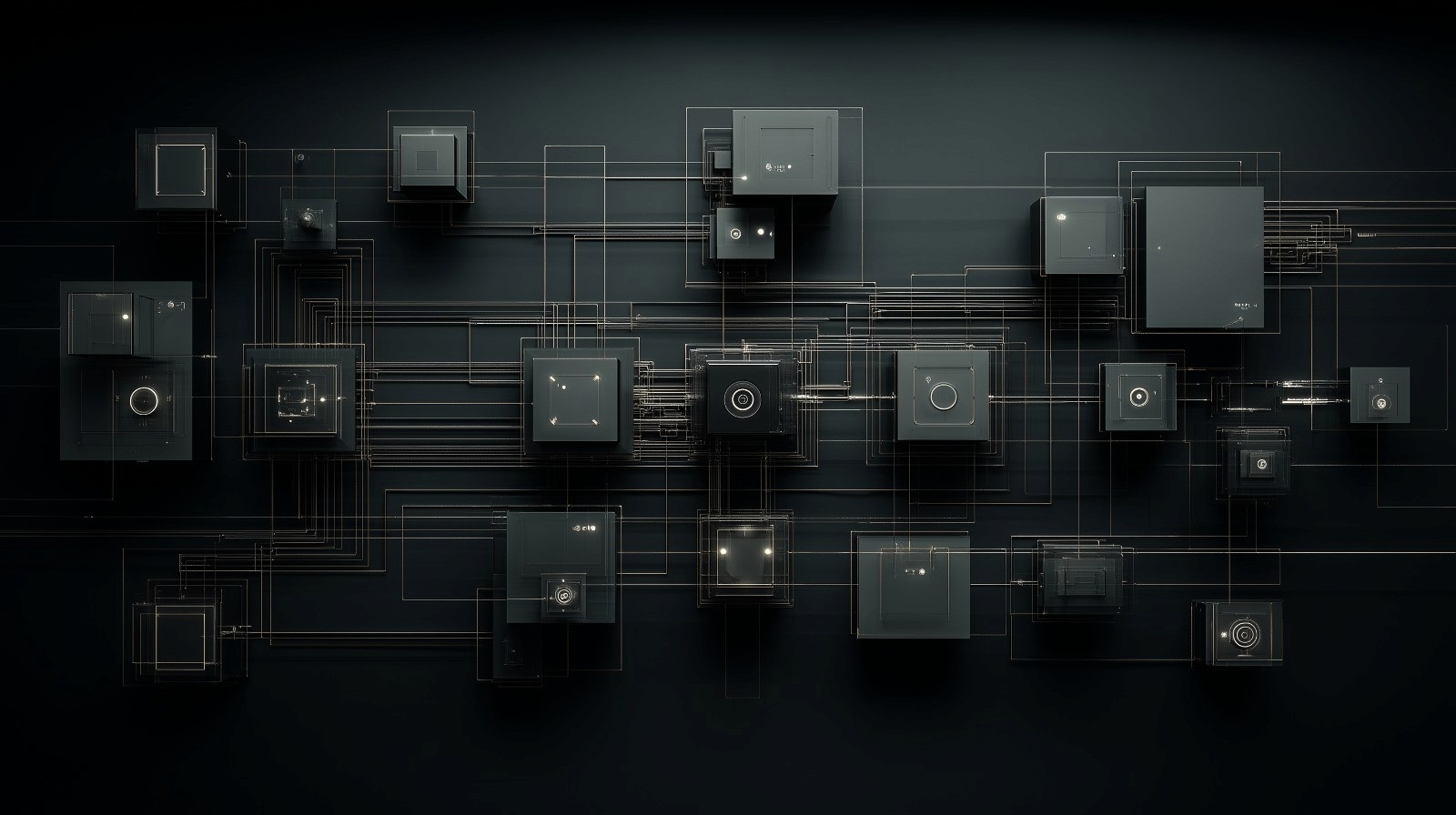 Alt text: Abstract diagram of interconnected dark square modules linked by fine glowing lines on a black background, representing telemetry, audit trails, and system connectivity.
