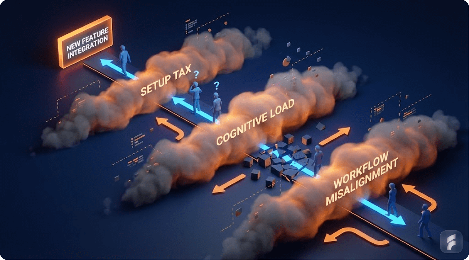 A 3D representation of a user’s journey through SaaS adoption challenges, including setup tax, cognitive load, and workflow misalignment, with orange arrows guiding the way.