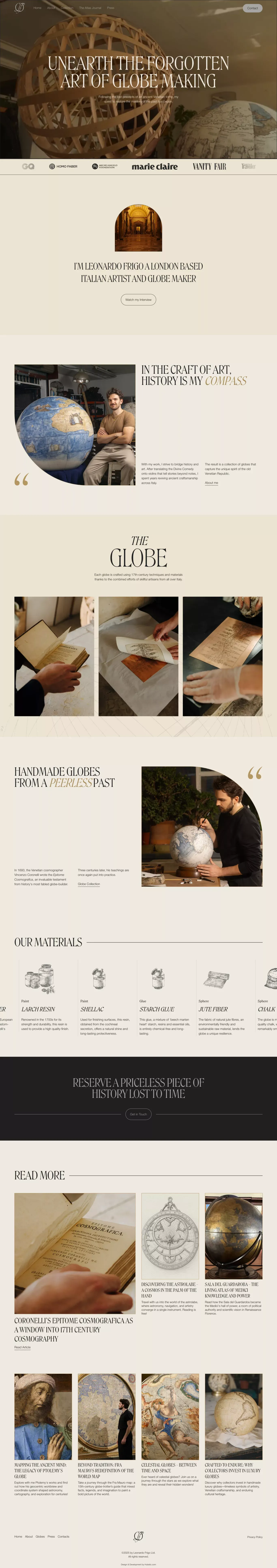 Handmade Globes by Leonardo Frigo other page screenshot showcasing Art and Design design