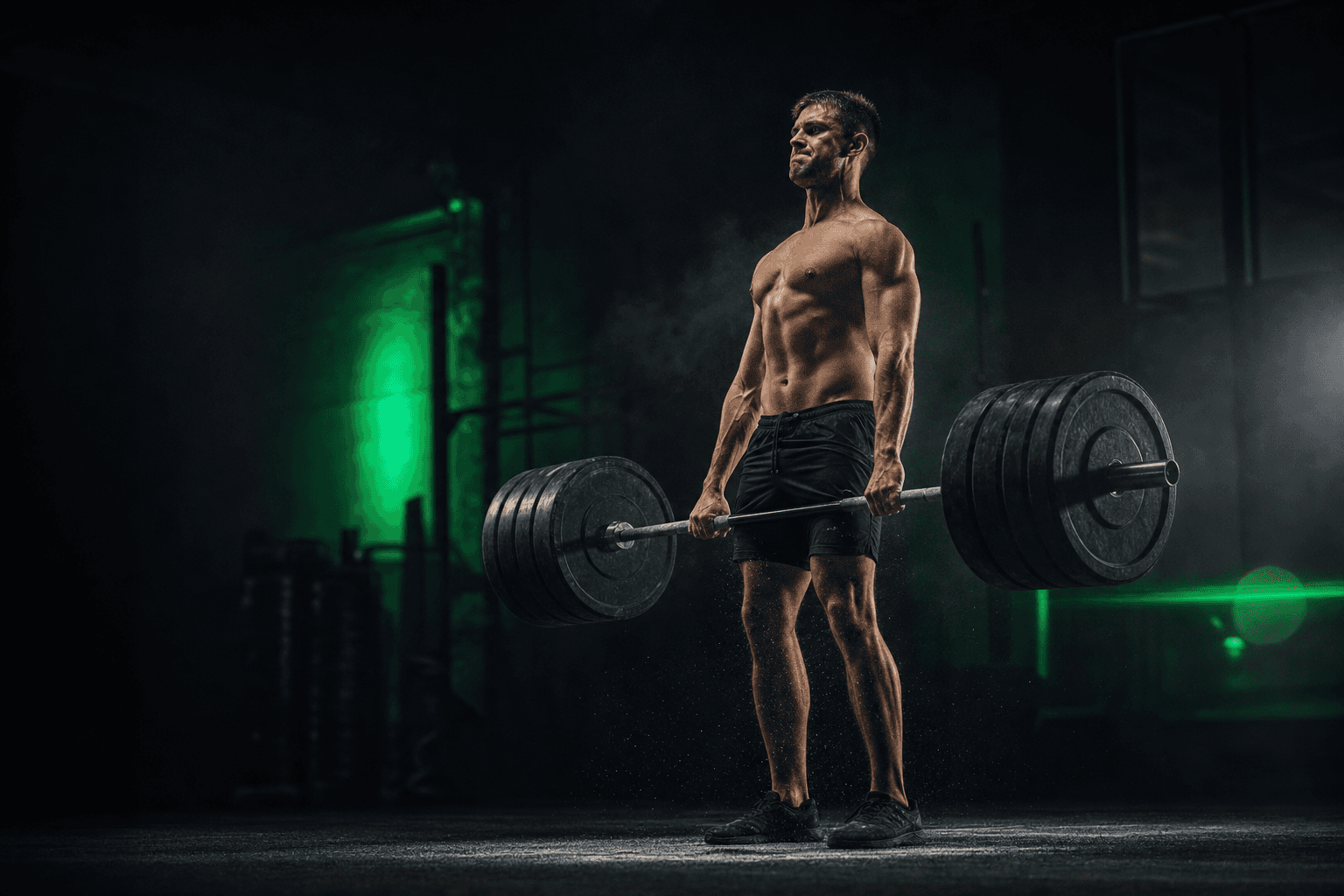 Athlete locking out a heavy barbell deadlift with chalk dust in a dark gym
