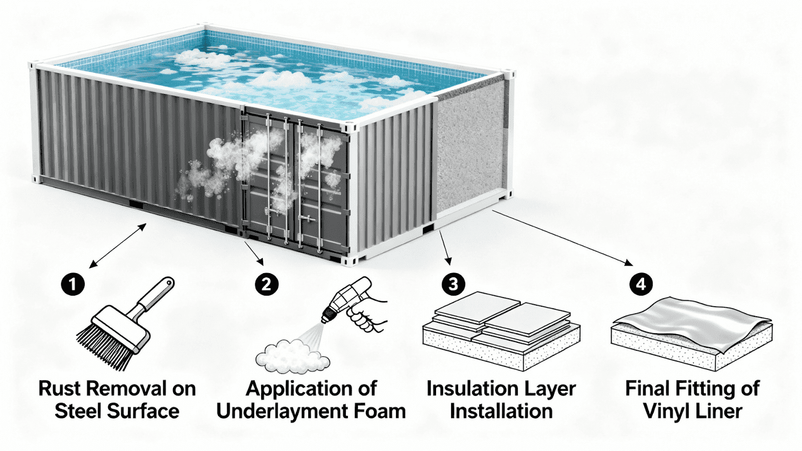 Technical diagram showing proper shipping container pool liner installation steps