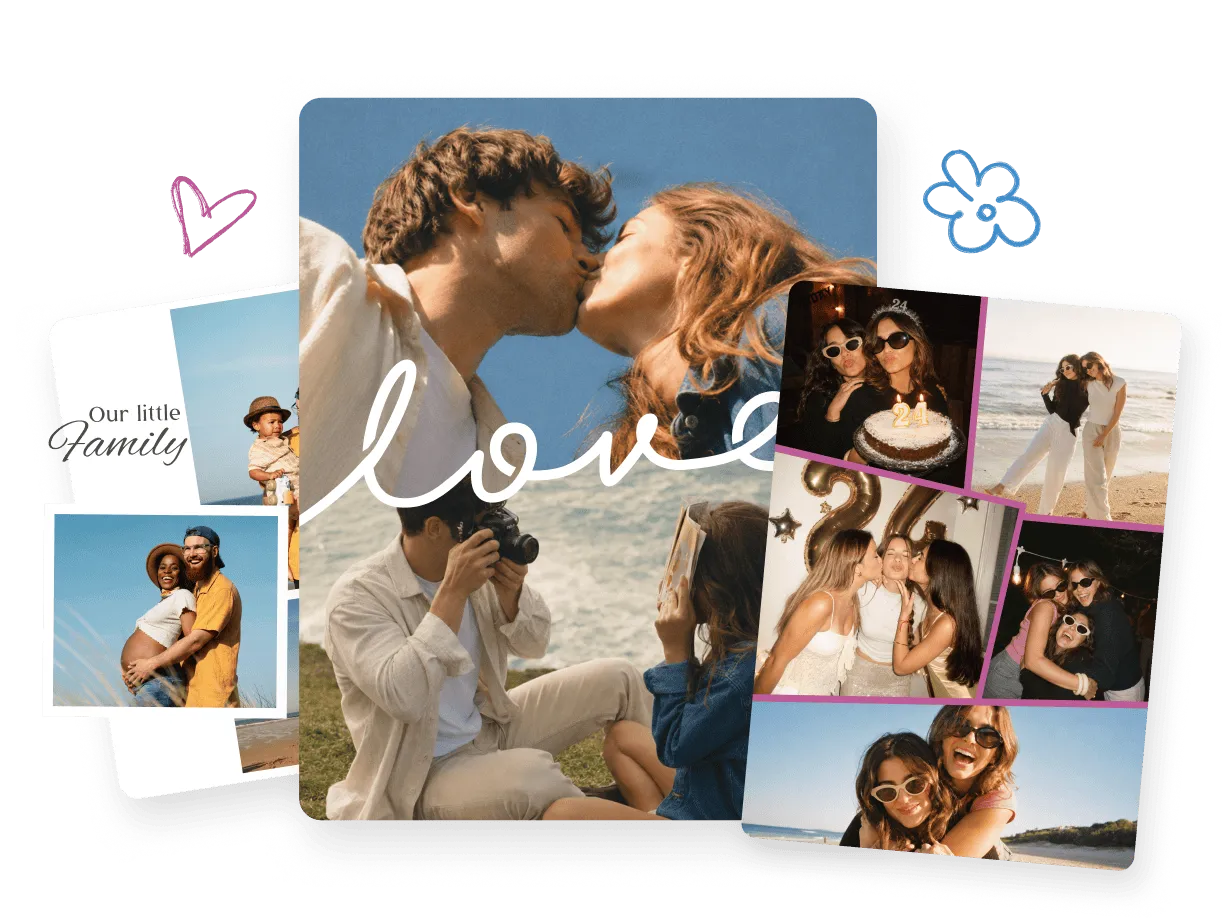 Phone showing a digital scrapbook layout with photo collage, decorative elements, and editing tools