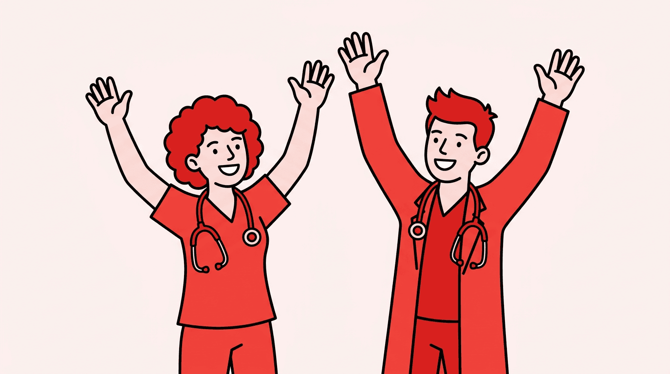 two doctors collaborating throwing their hands up in celebration