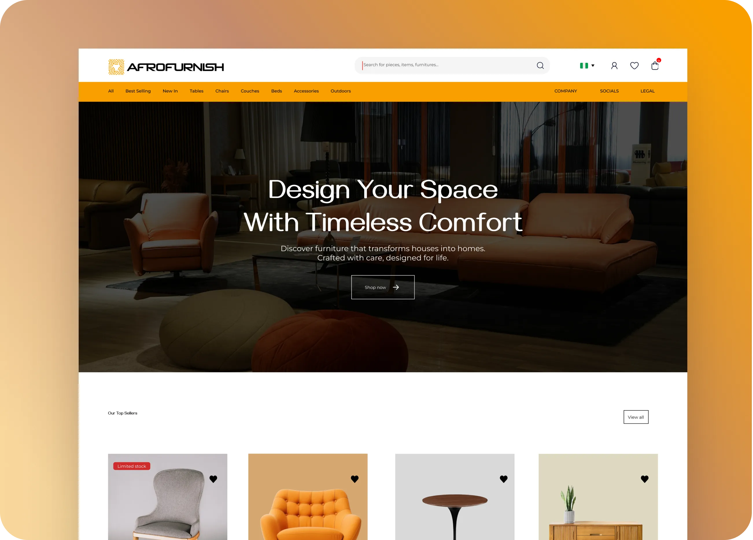 Home page of a website featuring furniture, with sections for living room and dining room items displayed.