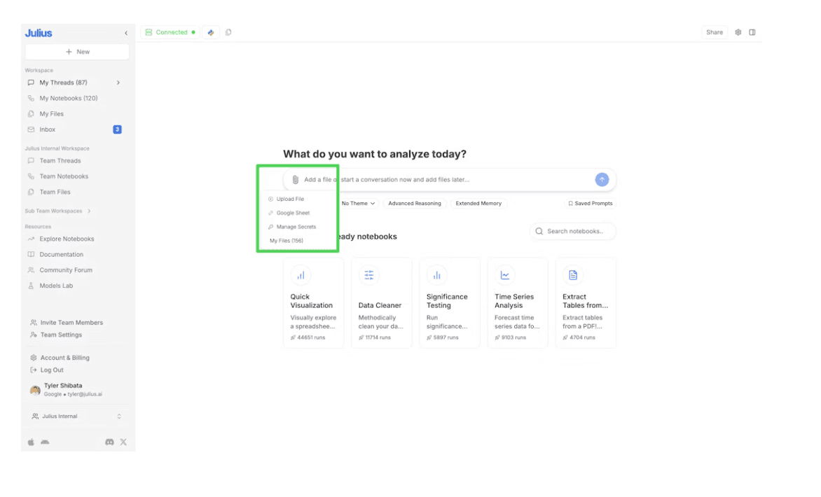 Julius AI file upload dropdown menu showing options like Upload File, Google Sheet, and My Files