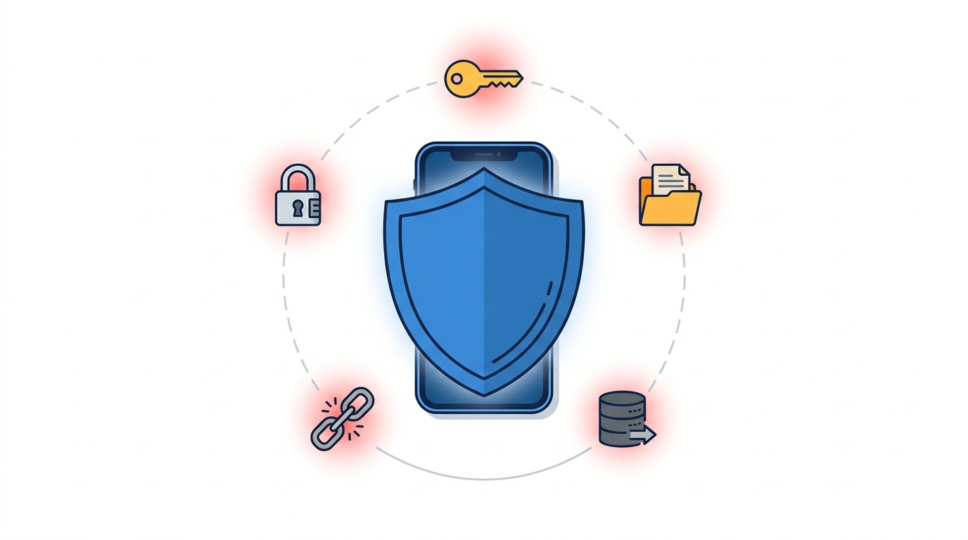 Concept illustration of a shield protecting a mobile app from floating security threats labeled with OWASP categories