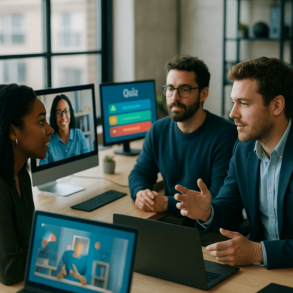 Photorealistic enterprise team in modern office engaging with AI-generated compliance training video and interactive quiz on screens.