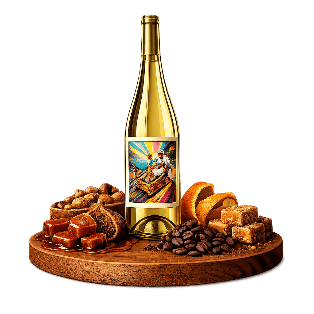 Artistic label and flavor profile for Portuguese Madeira on a rustic wooden table.