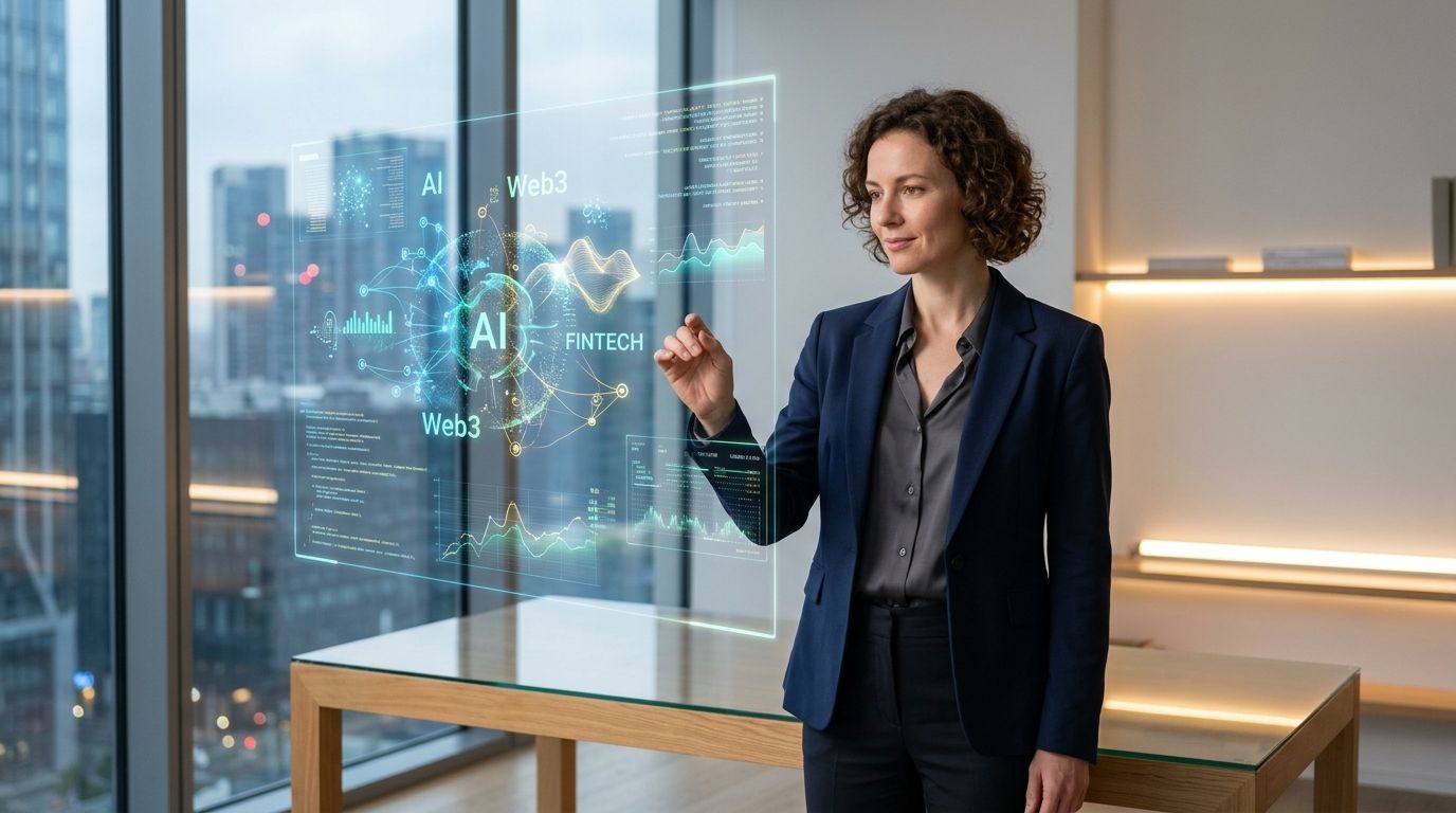A professional businesswoman interacting with a futuristic digital interface displaying fintech and artificial intelligence data visualizations.