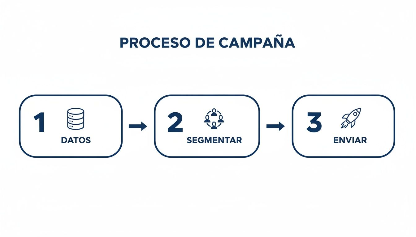 Infografía del proceso de campaña de marketing digital en tres etapas: datos, segmentación y envío.