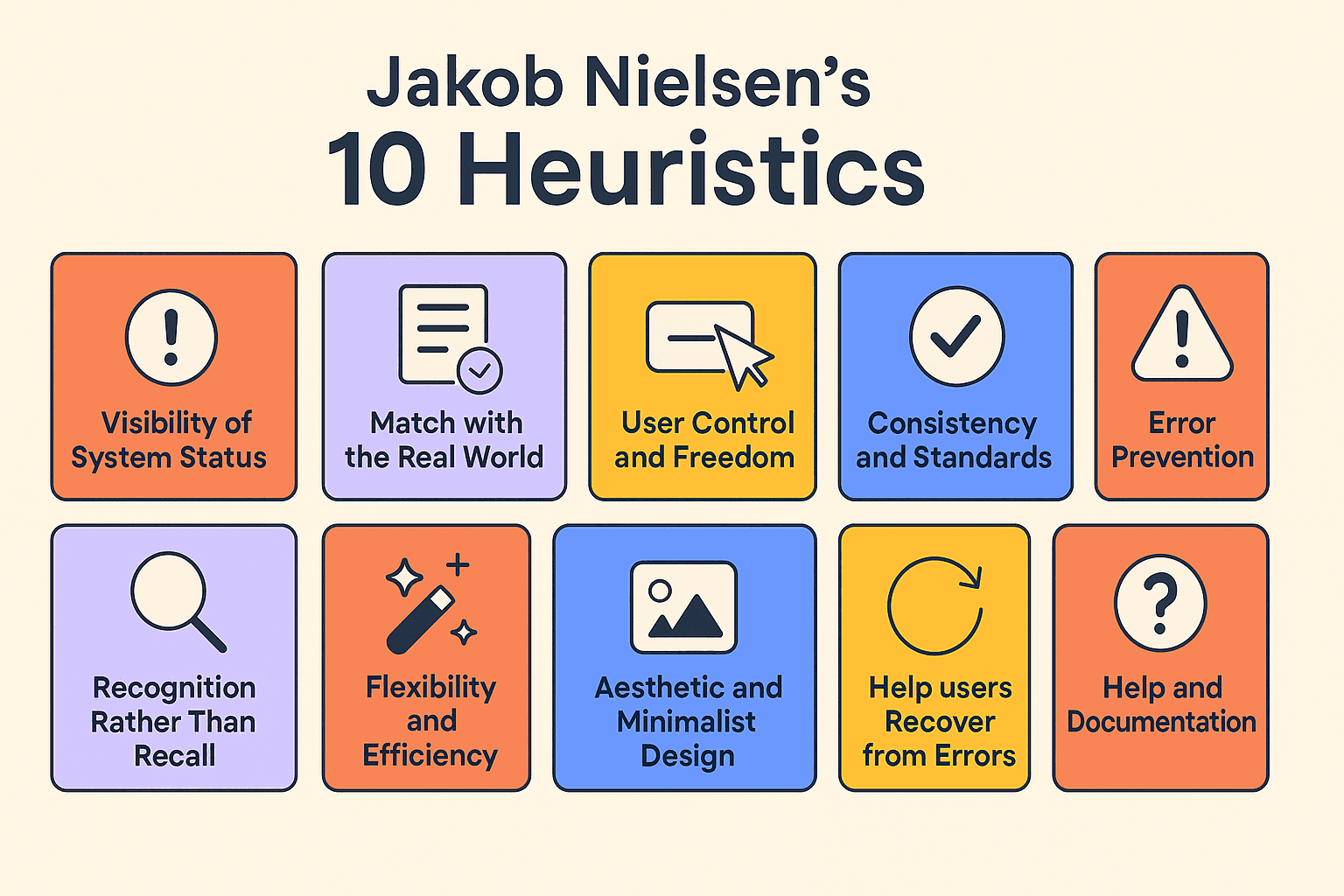 “Flat infographic grid featuring Jakob Nielsen’s 10 usability heuristics, each represented with vibrant icons for system status, real-world match, user control, consistency, error prevention, and more.”