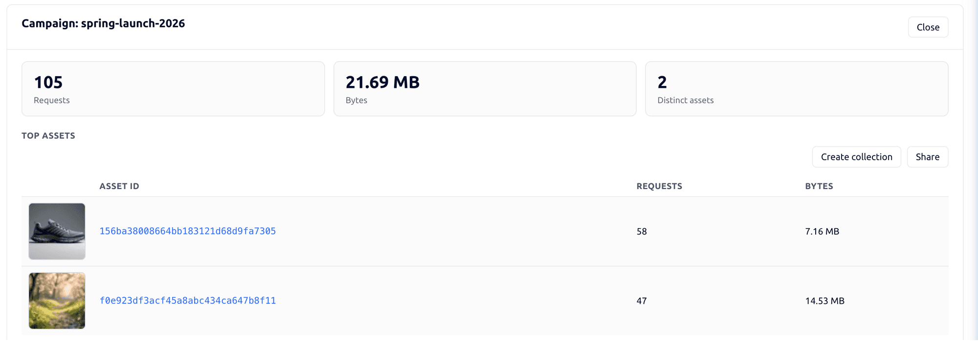 FileSpin campaign detail showing requests, bytes, distinct assets and the top delivered assets for one campaign
