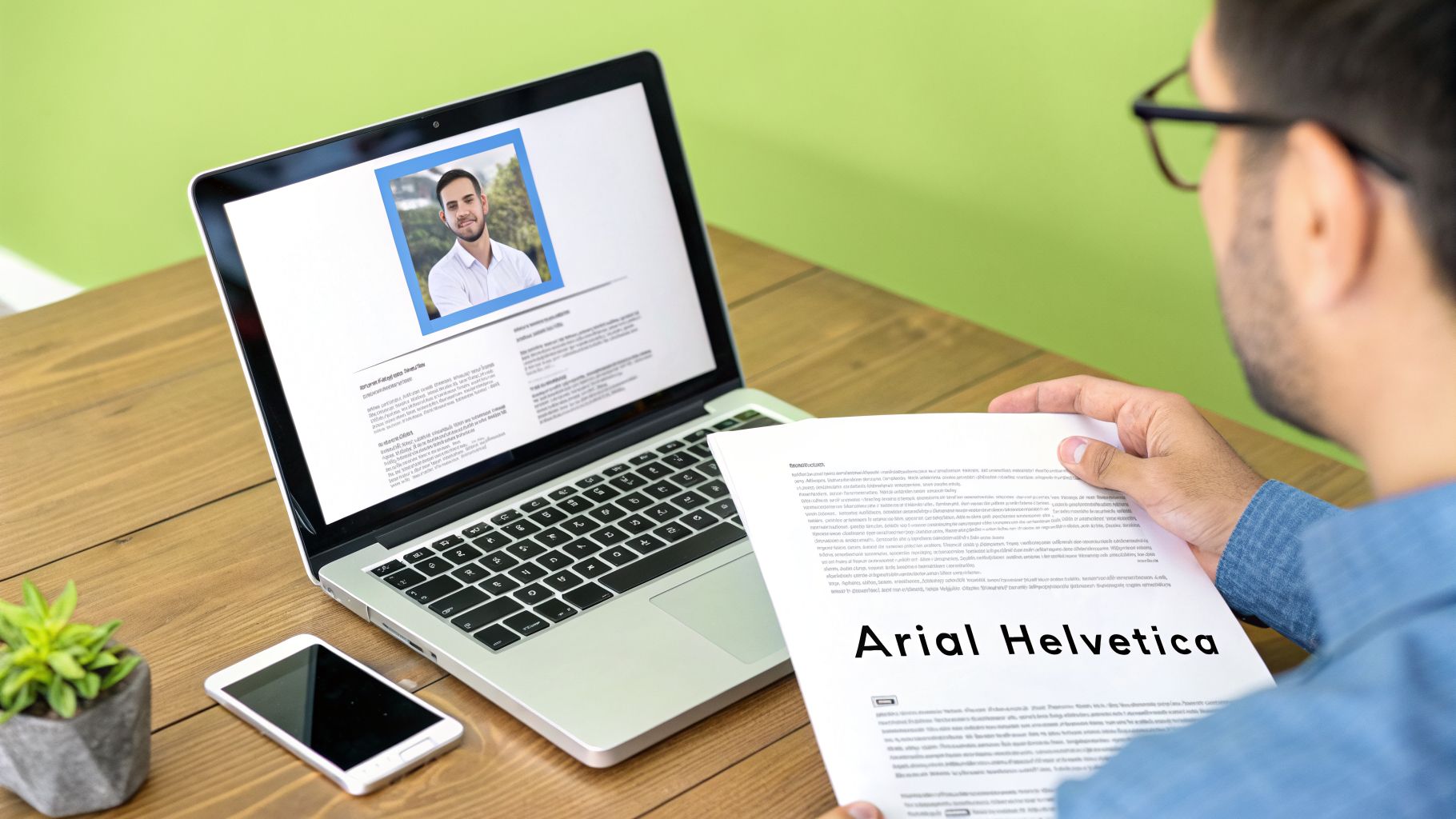 A person reviews a candidate's resume on a laptop while holding a document about fonts.