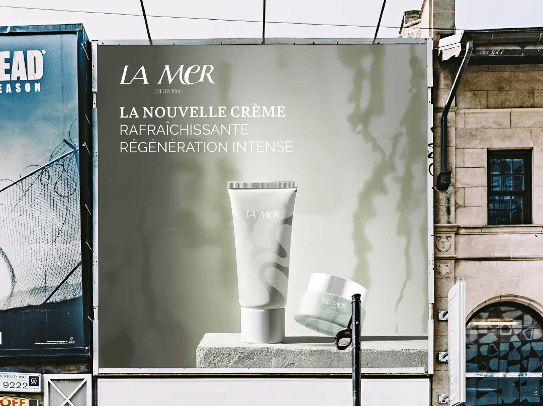 Présentation du branding global de La Mer avec logo, couleurs, typographies et applications sur packaging cosmétique