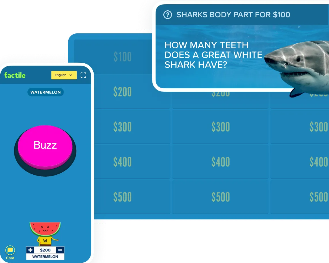 Factile Jeopardy game board with shark trivia question card and virtual buzzer