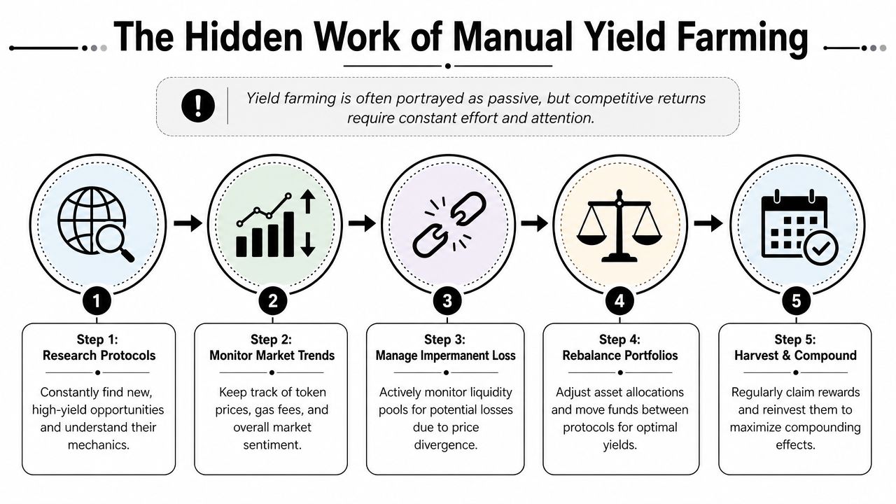 A five-step infographic illustrating the manual tasks required for successful cryptocurrency yield farming and liquidity management.