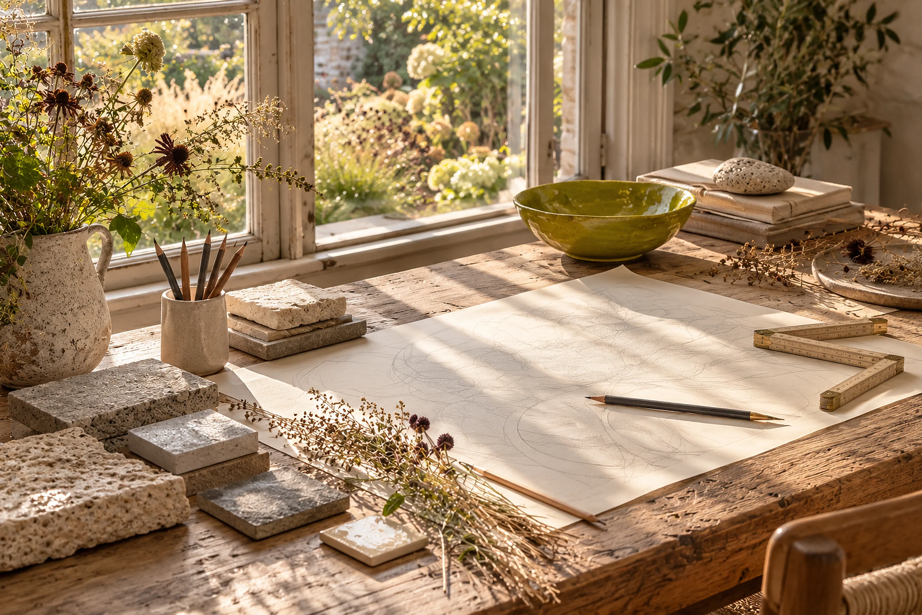 An oak studio table with drawing papers, grass specimens and stone samples.
