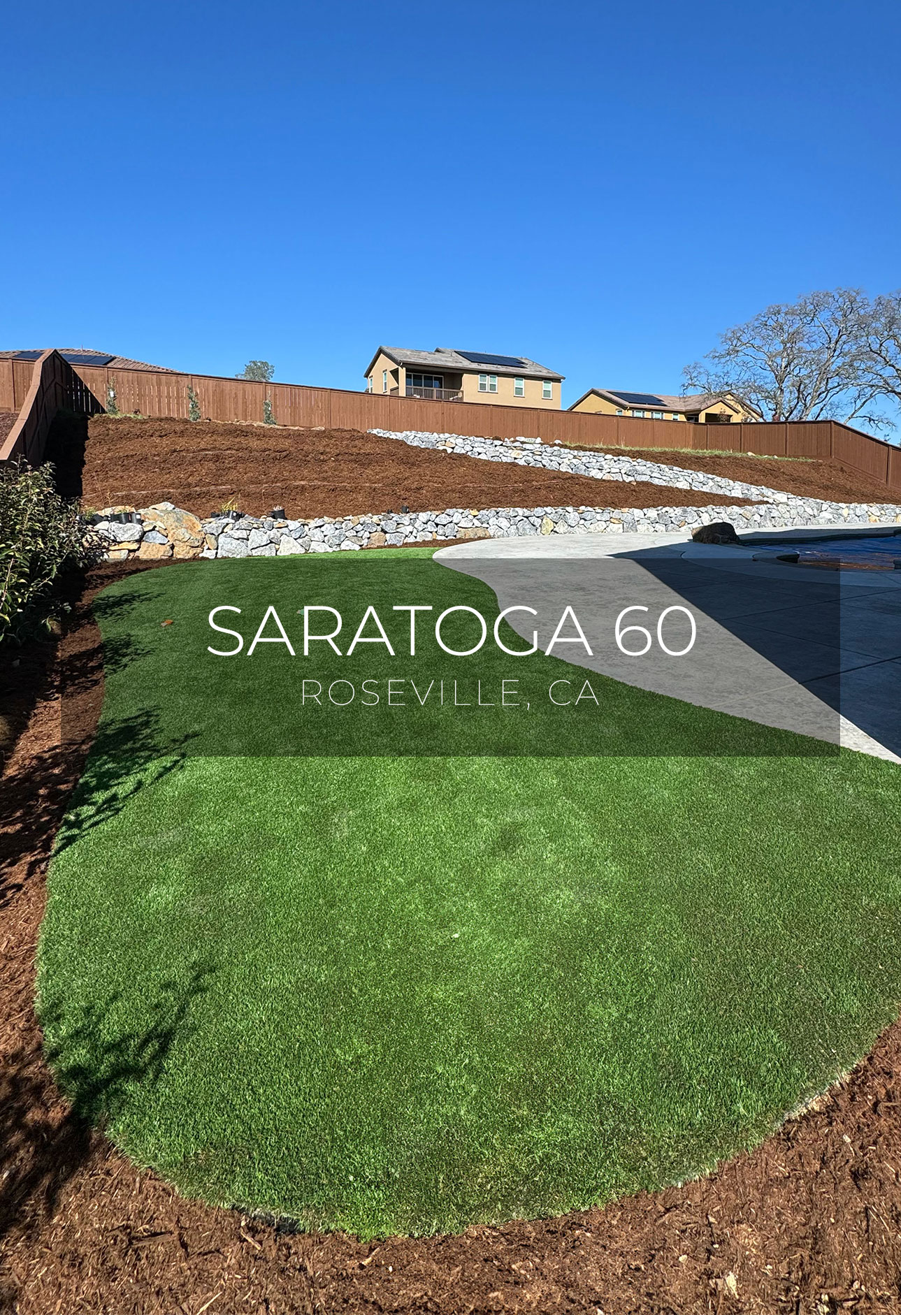 A quaint residential backyard photograph shot in Roseville, CA, featuring Saratoga 60 artificial turf by AGL Grass North.