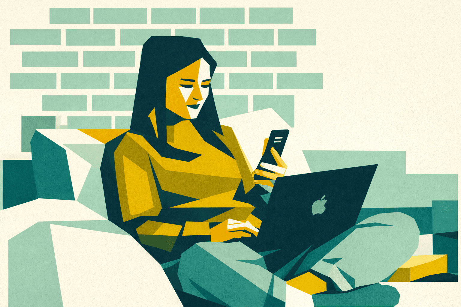 Donna over 30 lavora da casa con laptop e smartphone, momento di riflessione e ricerca di una nuova direzione professionale.