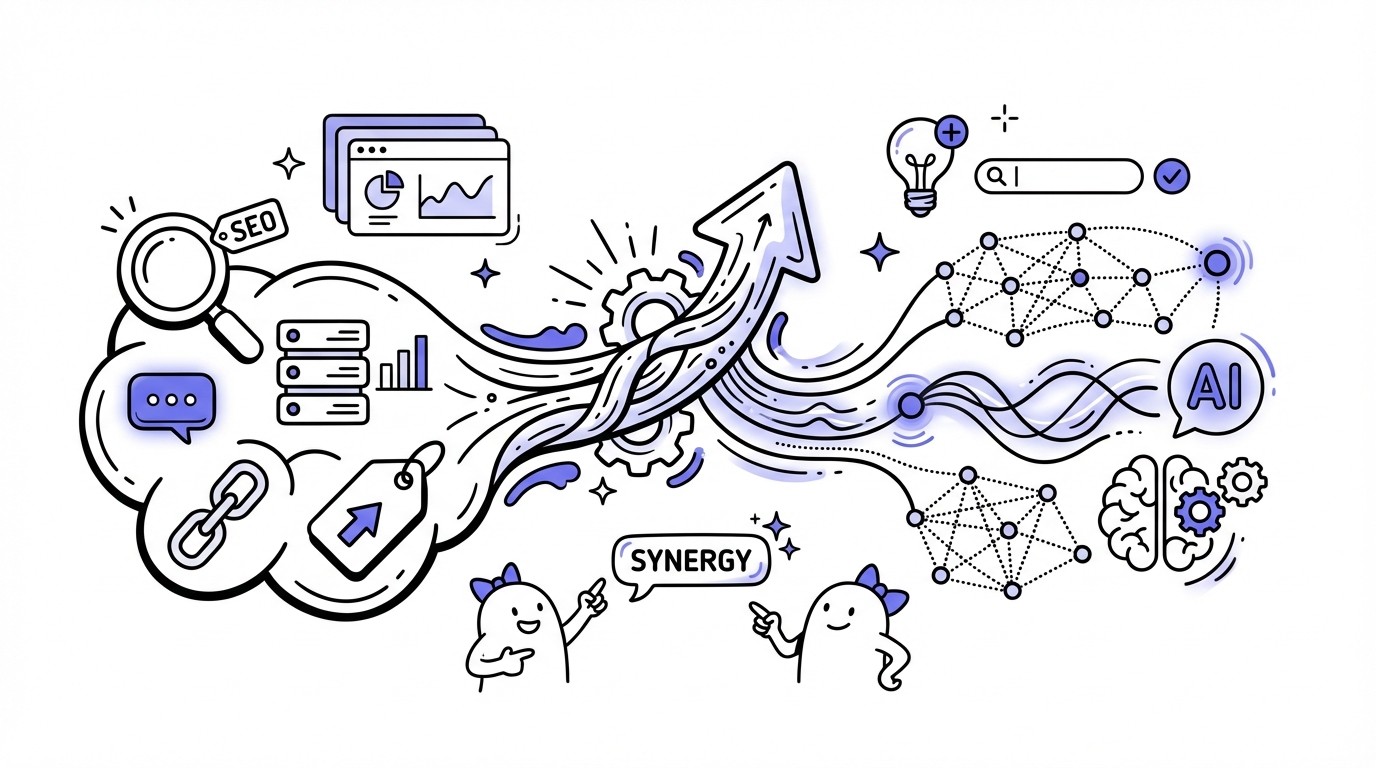An abstract illustration showing traditional SEO concepts like structured data and analytics merging with modern AI elements such as neural networks and data streams, symbolizing a powerful hybrid partnership.