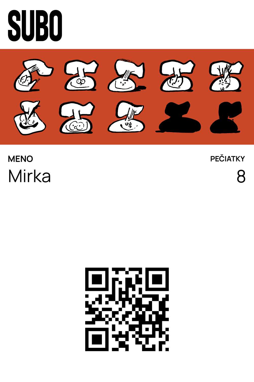 Pečiatková karta reštaurácie Subo s 10 pozíciami, 8 zozbieraných pečiatok. Červeno-biely dizajn s kreslenými postavičkami kuchárov. Meno Jakub, QR kód.