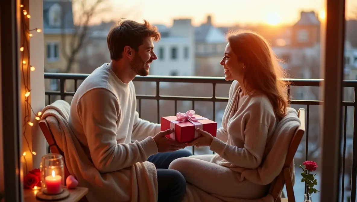 Couple exchanging a Valentine’s Day gift on a cozy balcony at sunset, symbolizing thoughtful gifting and smart shopping during Valentine’s Day sales.