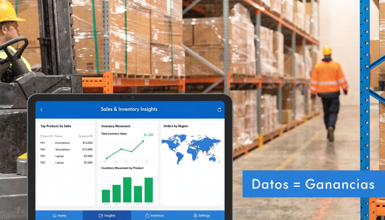 Una tableta muestra datos de inventario y ventas con trabajadores en un almacén de logística industrial.