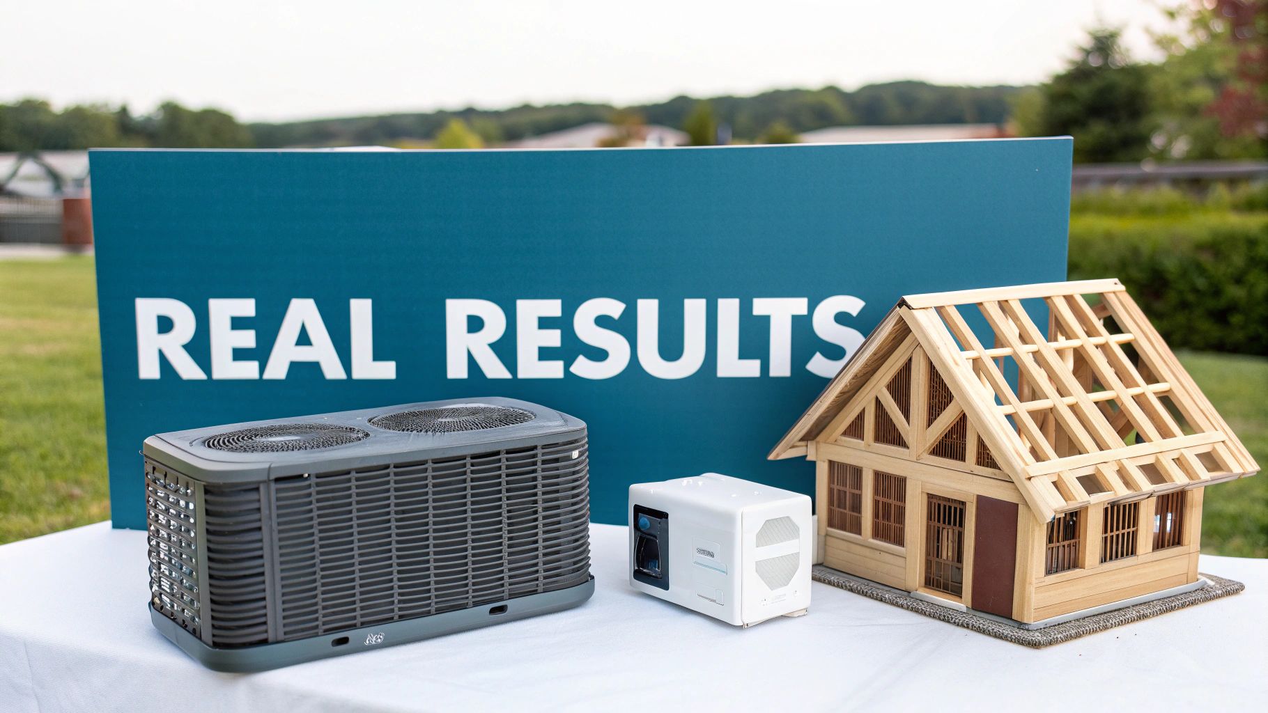 A display featuring a model house, an outdoor HVAC unit, and a small white device with a 'REAL RESULTS' sign.