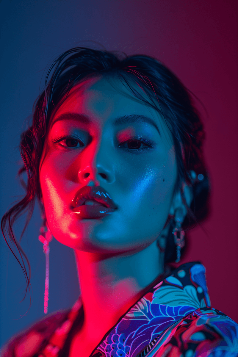 A woman with glossy lips and glowing skin is illuminated by vibrant red and blue lighting. She wears a patterned outfit and dangling earrings, exuding a bold, artistic vibe.