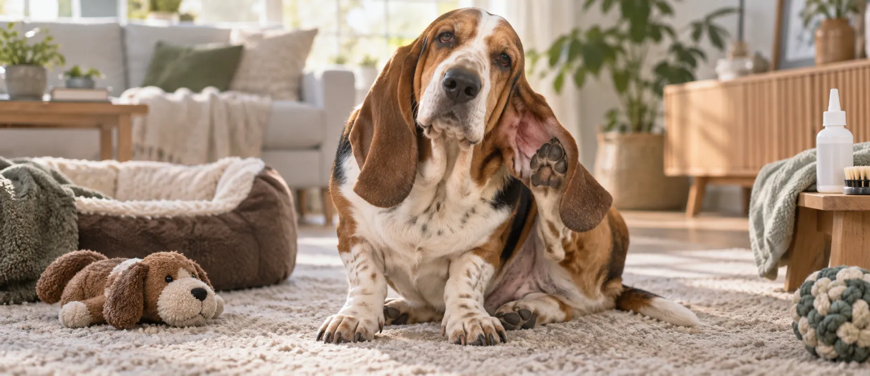 A Basset Hound scratches its ear, a common sign of Malassezia yeast infection in dogs.
