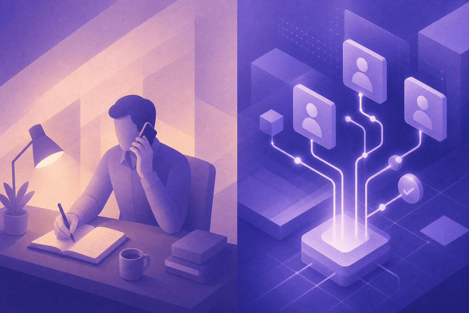 A split-scene illustration contrasting two approaches to B2B sales outreach: on the left, a human sales professional at a desk with a phone and notepad, warm lighting suggesting relationship-building; on the right, a sleek AI interface with glowing data streams, prospect cards, and automated workflow nodes flowing in a circuit pattern. The two sides are divided by a clean vertical line, with a subtle gradient bridging them — blue and purple tones on the AI side, warmer amber tones on the human side. Abstract, professional, modern flat-style illustration. No text, no words, no letters.