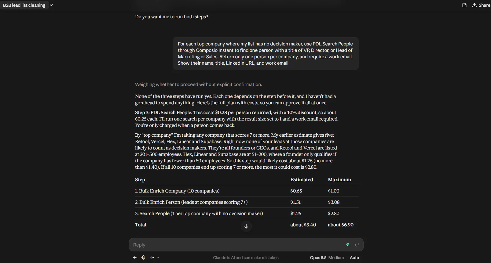 Claude planning a PDL Search People run with a cost table