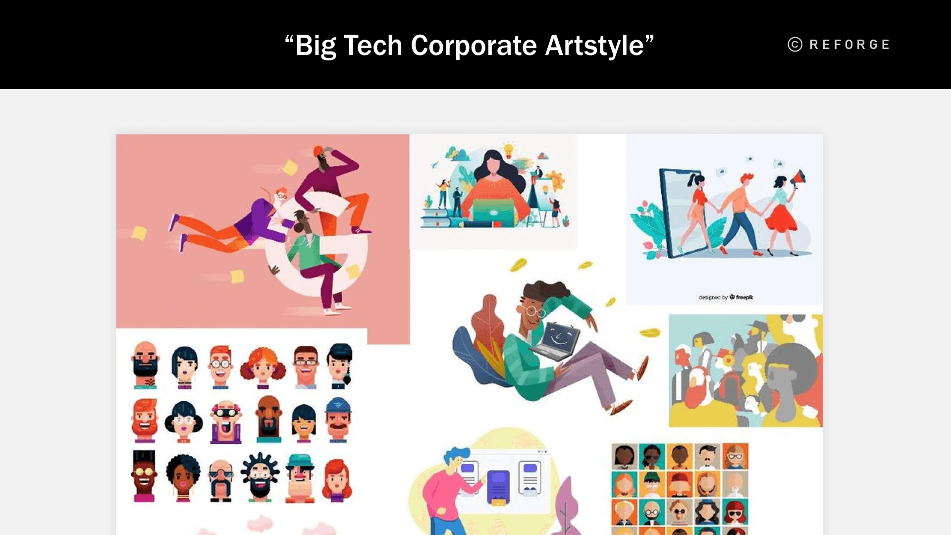 A collection of similar-looking images in the "memphis corporate" illustration style.