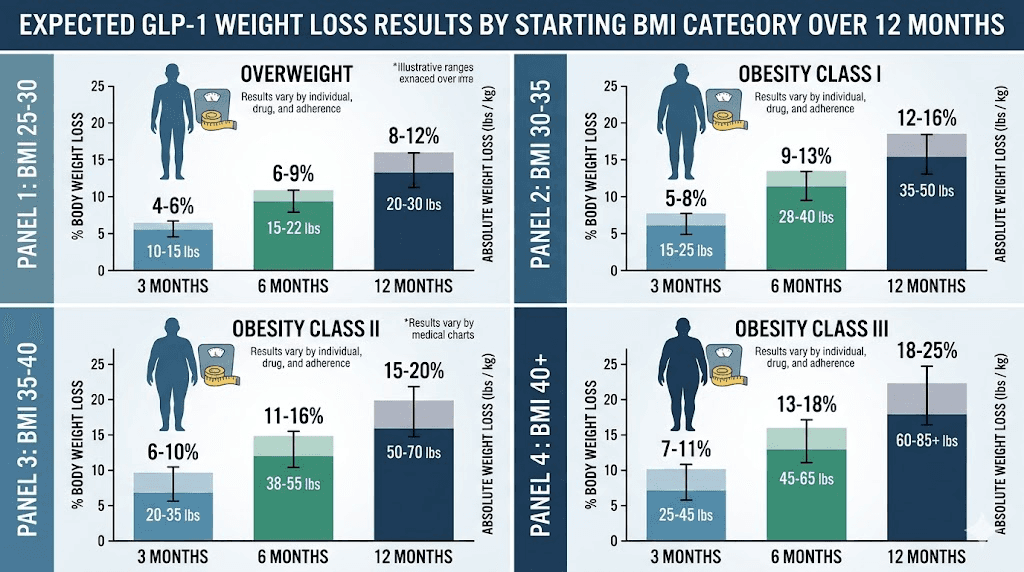 Expected GLP-1 before and after results by BMI category showing 12 month weight loss ranges 