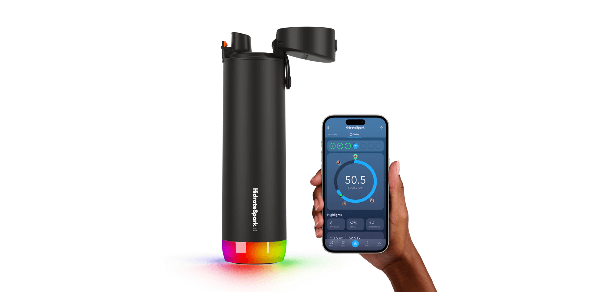Black smart water bottle with glowing LED base next to a smartphone displaying hydration tracking data on the HidrateSpark app.