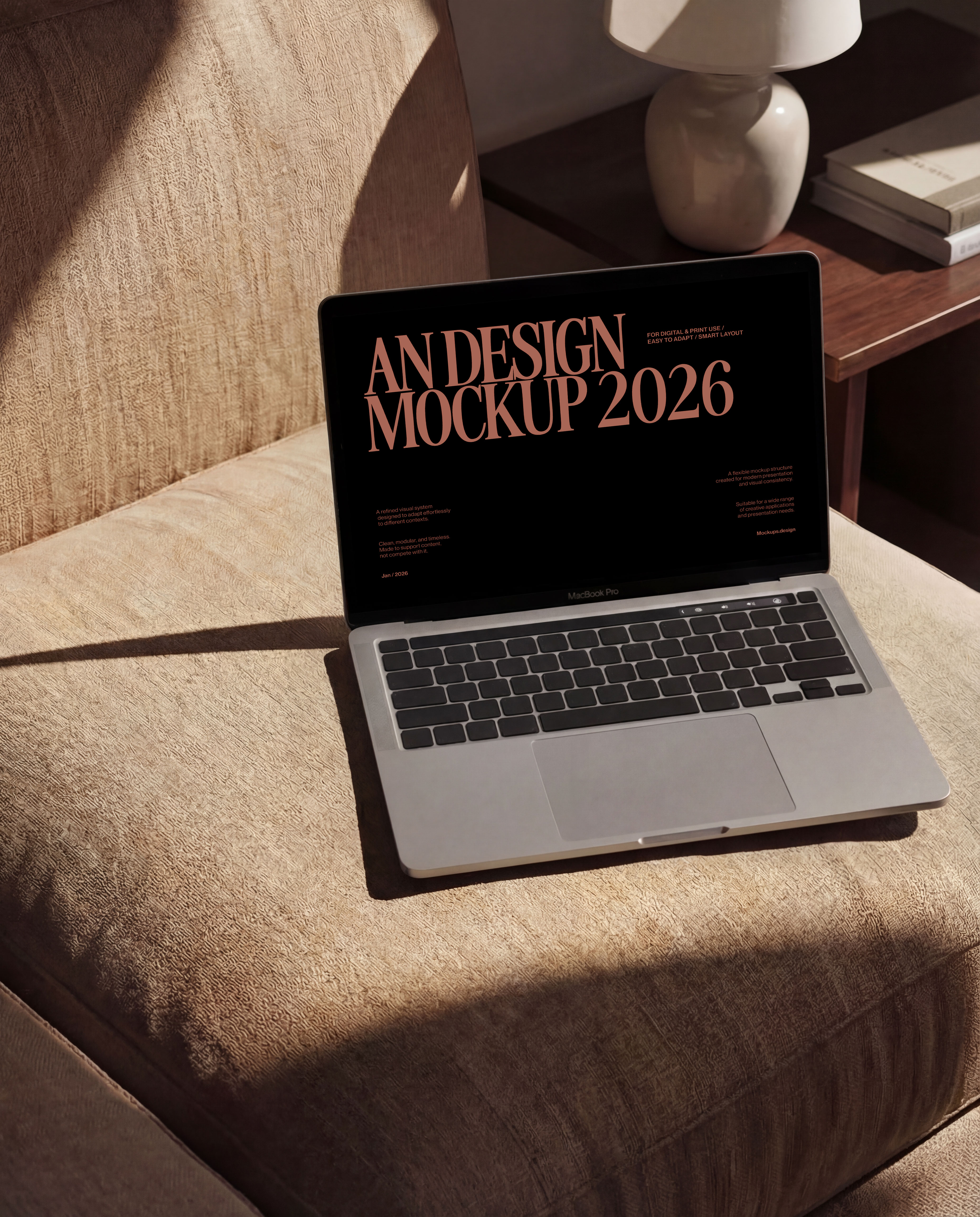 Laptop mockup on couch, sleek lifestyle home scene