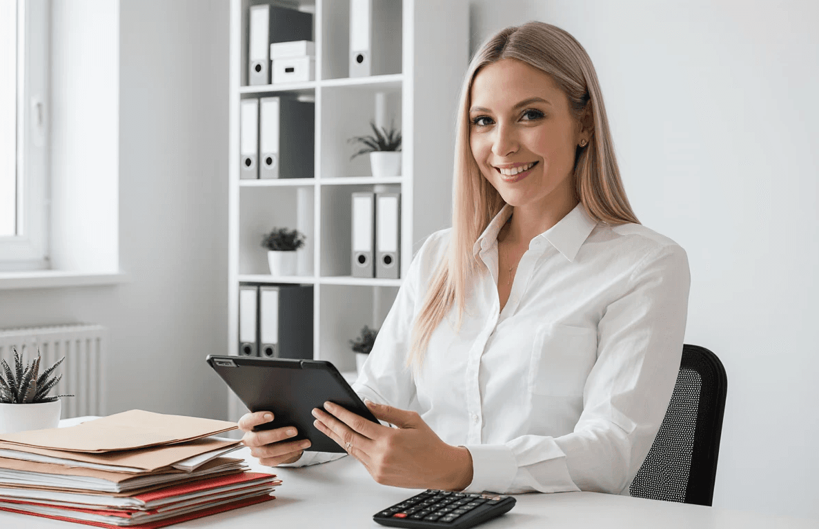 Professionelle Frau bei der Buchhaltungsarbeit an einem modernen Schreibtisch mit Taschenrechner und Aktenordnern.