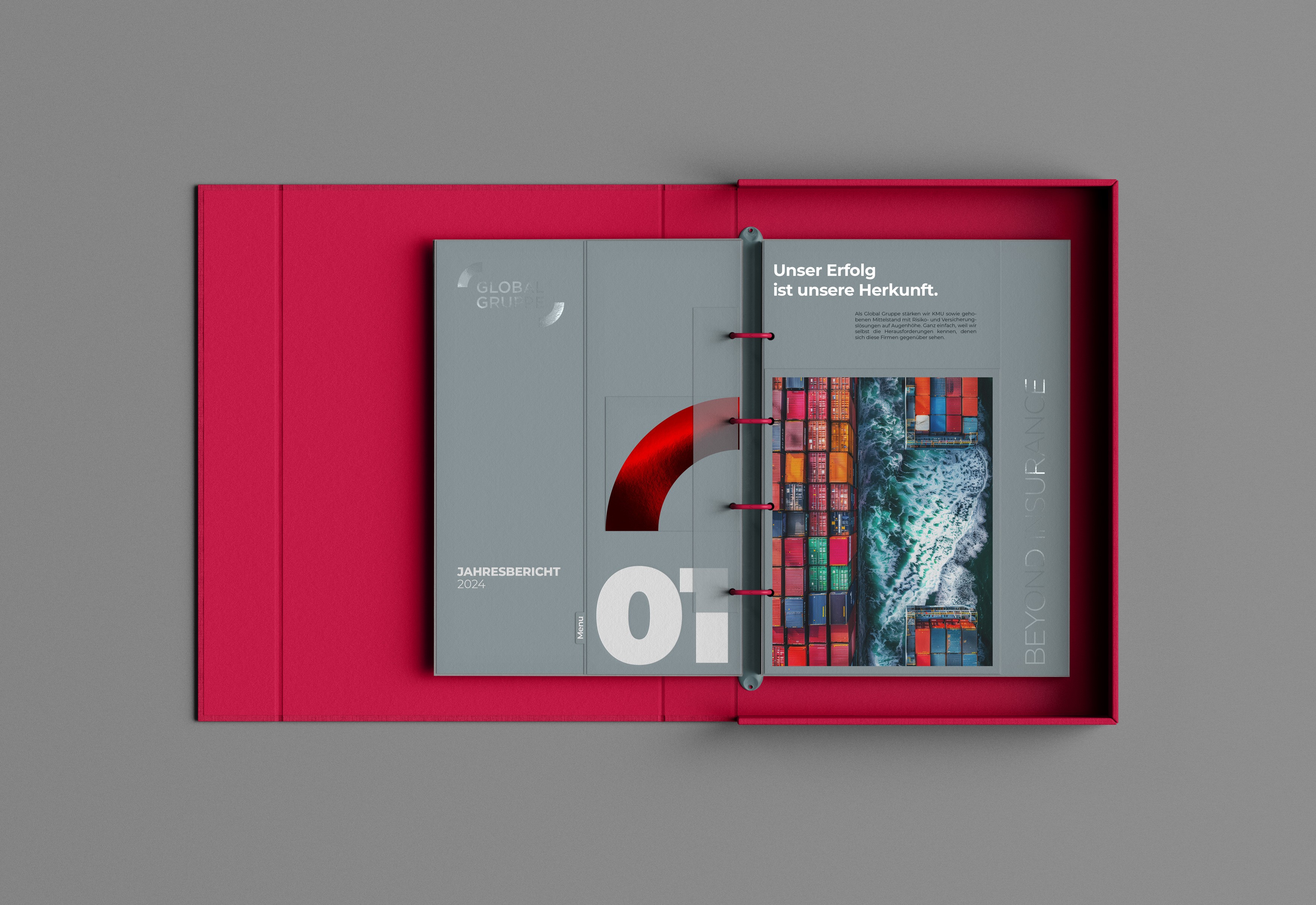 Editorial Design für den Geschäftsbericht der Global Gruppe mit neuem Logo, Typografie und reduziertem Designsystem.