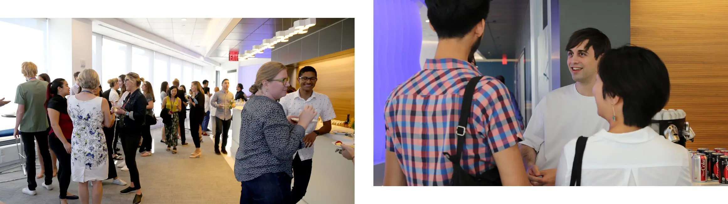 wo photos from the Immersive Design Open House reception: a wide shot of 75+ IBM attendees mingling and networking in the Watson Experience Center lobby, and a closer shot of team members in conversation near the refreshments — capturing the energy of opening the space to co-workers from across the tri-state area.