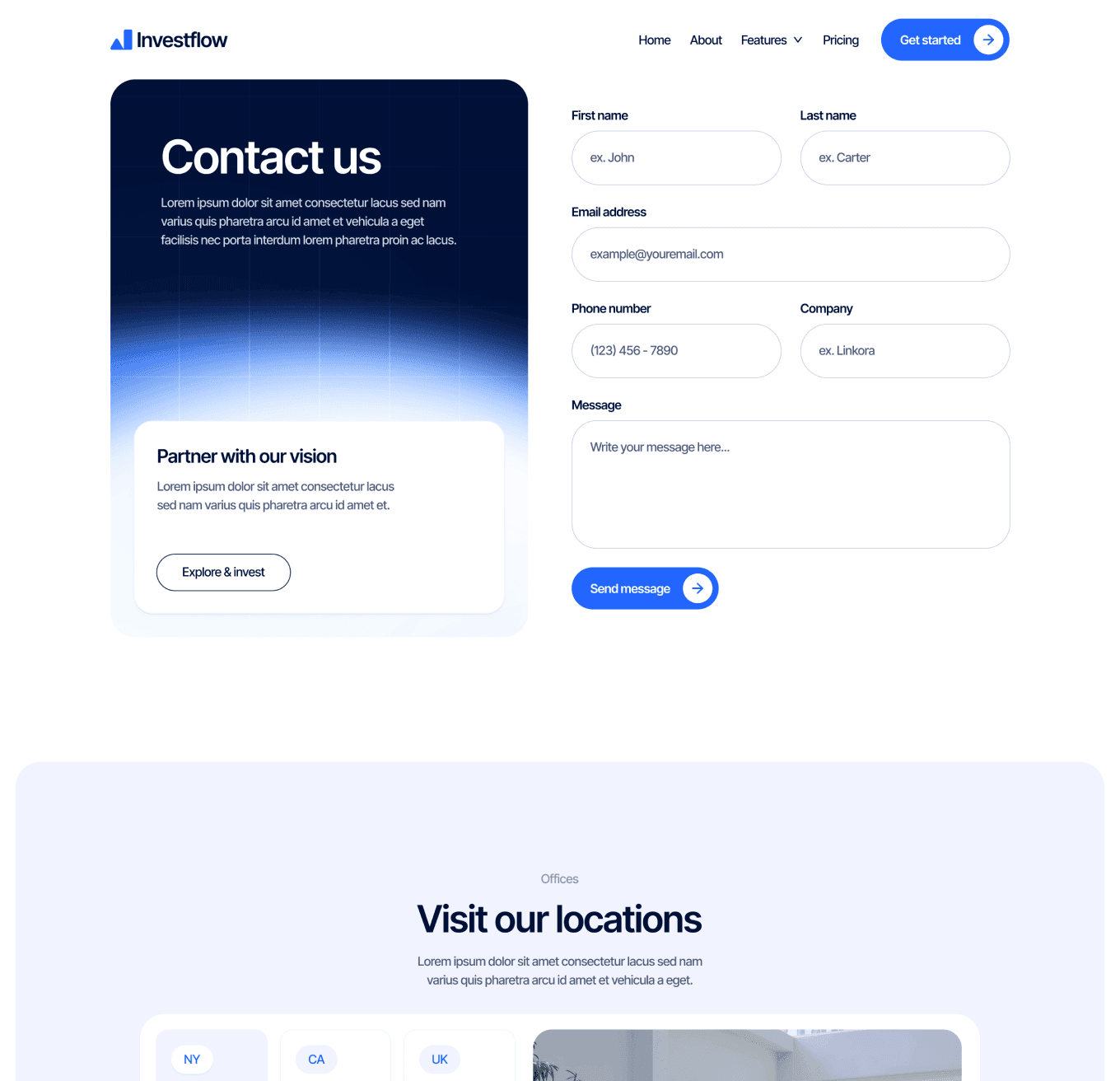 Investflow - Contact Page - Investment Firm Framer Template