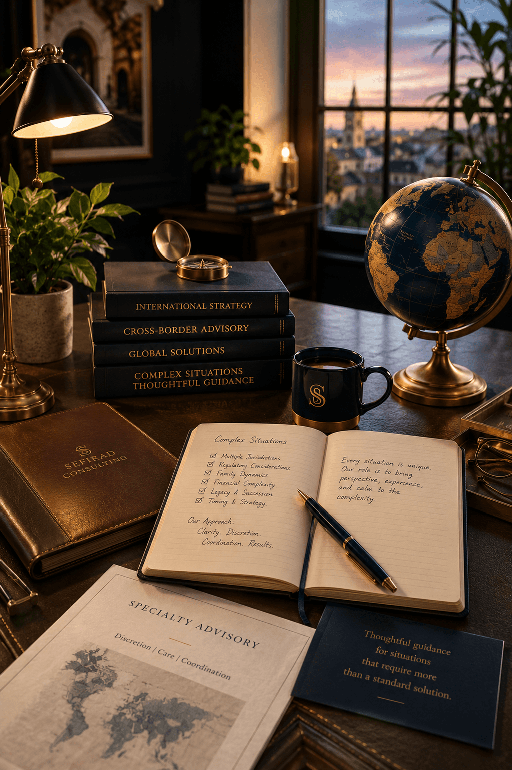 Confidential advisory materials on a desk with a globe