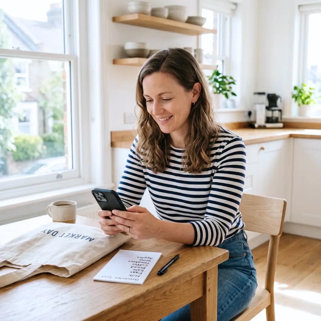 A smiling woman looks at her smartphone while sitting at a kitchen table with a notepad, highlighting an app feature where the wishlist acts as a personal research board to compare multiple options before promoting a "winner" to a tracked item.