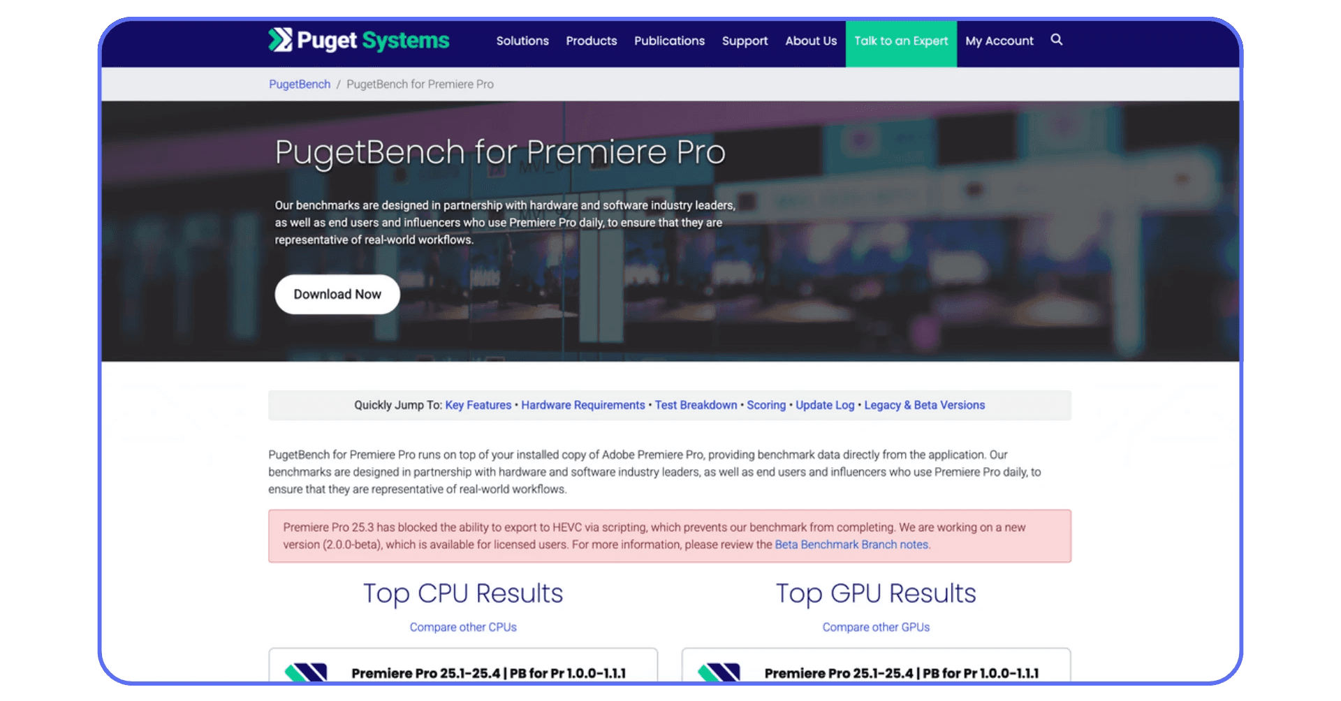 PugetBench for Premiere Pro benchmark page displaying top CPU and GPU performance results for Adobe video editing workflows.